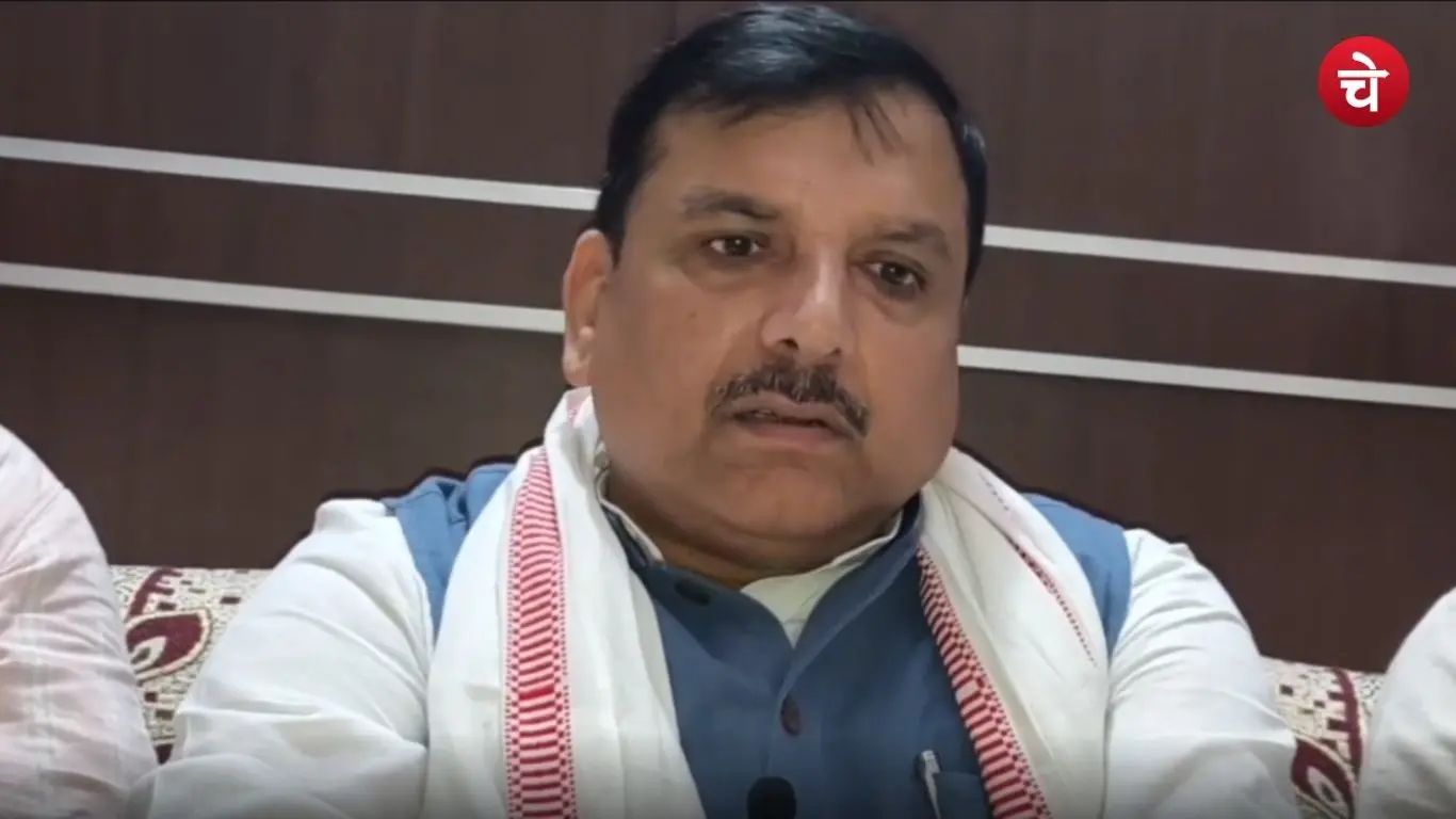 Aam Aadmi Party Rajya Sabha MP Sanjay Singh speaking to the media in Mirzapur